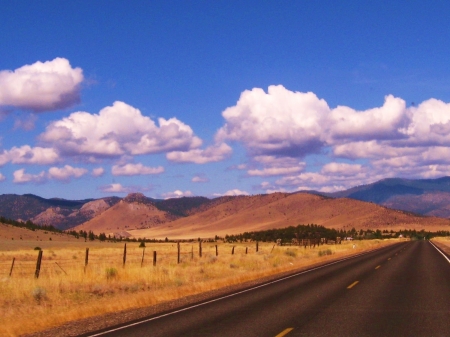 the old highway - sky, fields, road, clouds