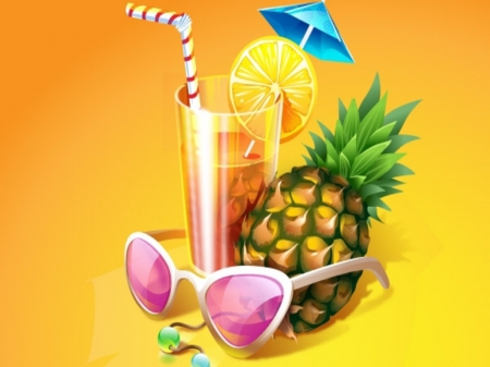 Tropical Cocktail - drink, pineapple, straw, glass, umbrella, orange, sunglasses