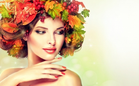 Beauty - girl, fall, wreath, toamna, hand, autumn, red, green, woman, model, leaf