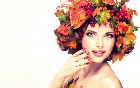 Beauty - girl, fall, wreath, toamna, hand, autumn, red, green, woman, model, face, leaf