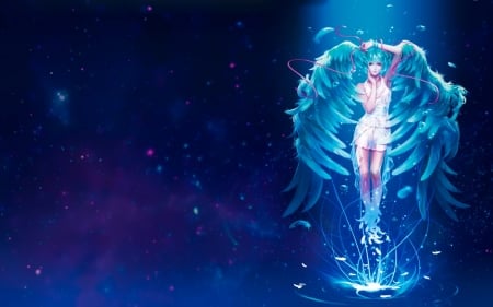 Hatsune Miku - anime, vocaloid, blue, girl, angel, hatsune miku, frumusete, manga, fantasy, wings, luminos