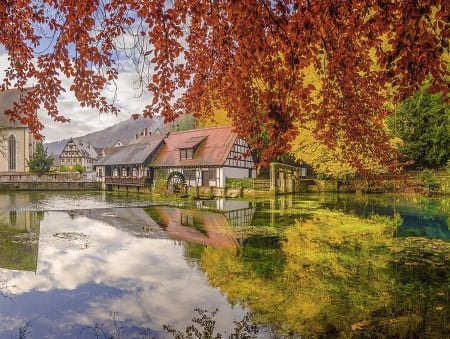 Riverside at Fall - cottage, reflection, watermill, leaves, house, colors