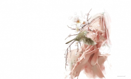 Spring - flower, bird, blossom, sakura, anime, manga, art, pasare, man, green