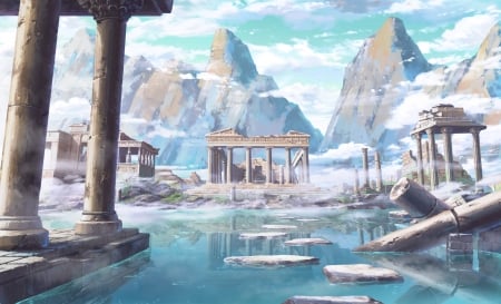 Ruins - white, blue, anime, water, dao dao, manga, ruin