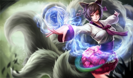 Ahri - girl, game, pink, blue, league of legends, fantasy, ahri