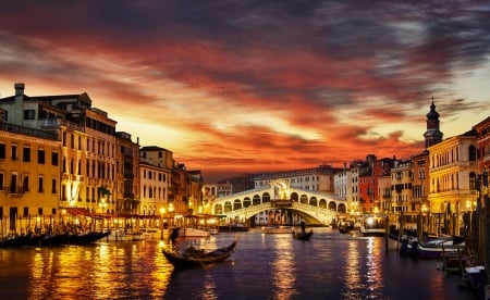 Canale Grande, Venice - clouds, evening, reflection, rialto, sunset, lights, houses, italy, sky, bridge