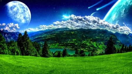 Lovely Mountains - moon, sky, mountains, trees