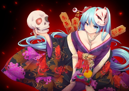 Hatsune Miku - red, flower, halloween, vocaloid, girl, blue, skull, hand, kimono, hatsune miku