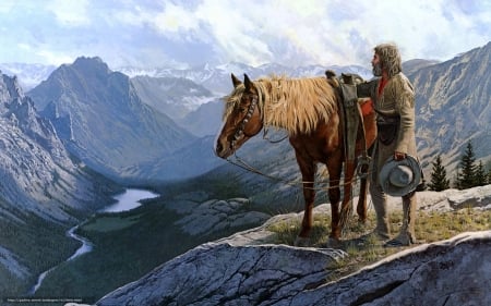 lonesome cowboy - horse, mountain, cowboy, grass