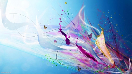 Abstract - abstract, colorful, yellow, blue, butterfly, splash, pink