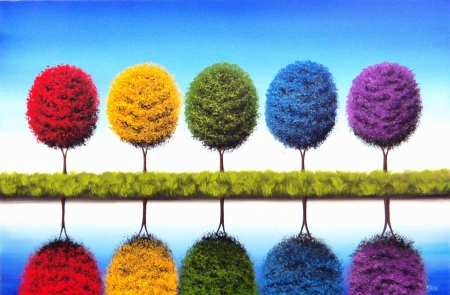 Colorful trees - water, reflection, tree, colorful, pictura, rainbow, painting, rachel bingaman, art, luminos