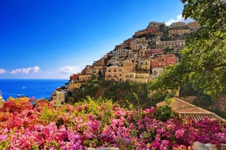 Positano - horizons, summer, town, Positano, vacation, beautiful, sea, travel, village, flowers, view, Italy, picturesque, peaceful, sky