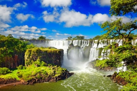 Iguasu falls - sky, trees, cascades, iguasu, waterfall, rocks, exotic, argentina, view, fall, beautiful