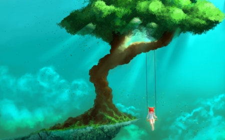 Celestial swing - summer, blue, girl, copil, child, tree, swing, fantasy, green, art, luminos