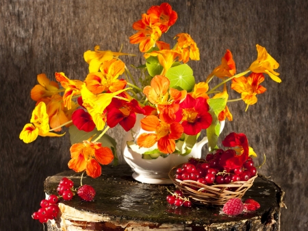 Still life with berries - pretty, vase, beautiful, lovely, still life, bouquet, flowers, berries, fruits