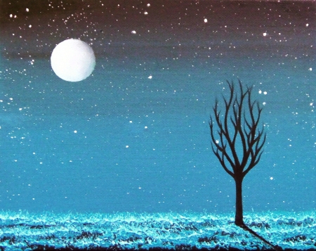 Cold night - moon, winter, blue, silhouette, night, stars, tree, frozen, white, cold, sky, luna