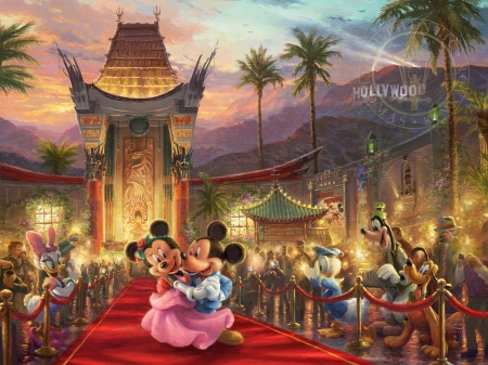 Night of stars - hollywood, stars, palm trees, minnie, mickey mouse, painting, art, luminos, pictura, disney