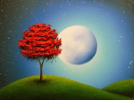 Autumn moonlight - moon, autumn, night, painting, rachel bingaman, art, red, blue, luminos, pictura, green, toamna, luna, tree