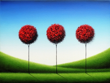 Autumn - blue, tree, pictura, toamna, autumn, red, green, painting, rachel bingaman, trio, luminos, sky