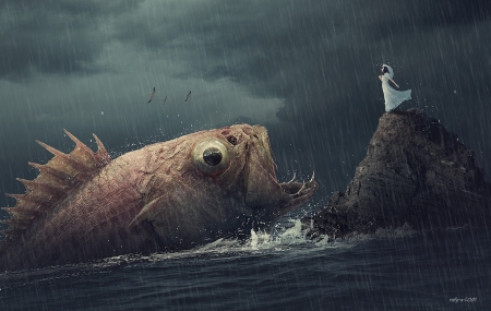 Big fish - storm, summer, girl, sea, night, creative, dark, giant, fantasy, rafy a, fish