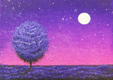 Moonlight - moon, sky, stars, night, spring, painting, rachel bingaman, art, purple, pink, luminos, pictura, luna, tree