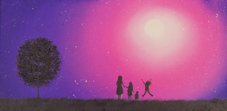 Moonlight - moon, silhouette, night, pink, family, tree, pictura, purple, painting, rachel bingaman, luminos, luna