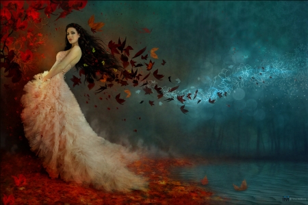 Autumn girl - blue, girl, creative, orange, fantasy, wind, toamna, autumn, red, luminos