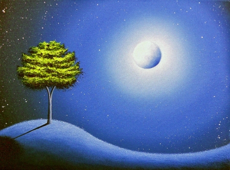 Moonlight - moon, blue, night, tree, pictura, white, green, painting, rachel bingaman, art, luminos, luna