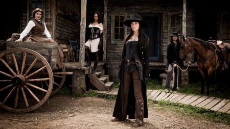 Strange Empire . . - women, female, TV, boots, cabin, hats, wagon, brunettes, western, pistols, girls, cowgirl, outdoors, horses, NRA, cowboy