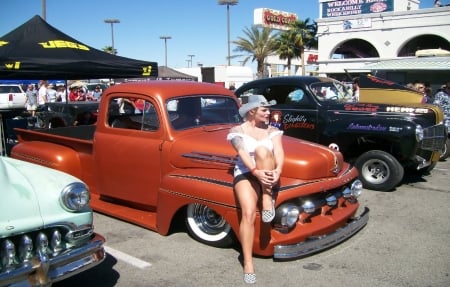 Hot Rod Cowgirl . . - women, style, fun, girls, female, cowgirl, cars, hats, outdoors, trucks, western, hot rods, blondes