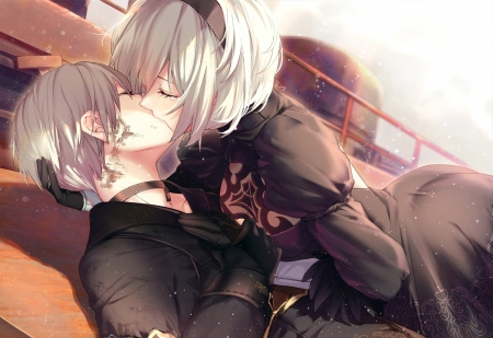 NieR: Automata - tears, Nier, game, kiss, couple, Automata