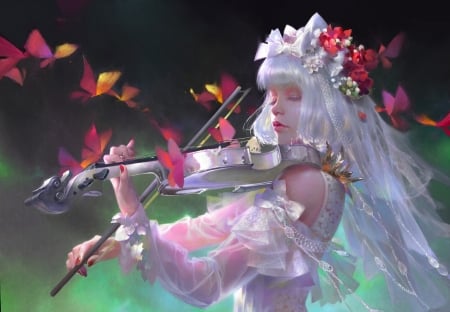 Sweet Musician - pretty, yellow, jewels, female, butterflies, dress, long hair, white hair, music, red, fantasy woman, abstract, beautiful, gems, violin, lovely, musician, fantasy, white, lady, woman, cute