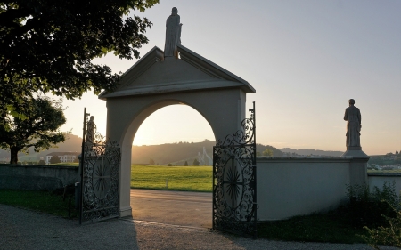 Gate - gate, tree, sculptures, grass, road