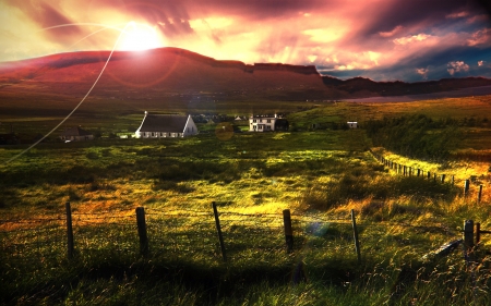 Sunset over Highlands - beautiful, fence, sunset, nature, green, field, dusk, houses, rural