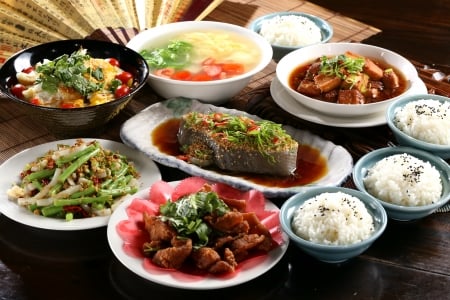 Japanese Meal - fan, soup, seafood, vegetables, rice, plates, meal, japan, fish, food