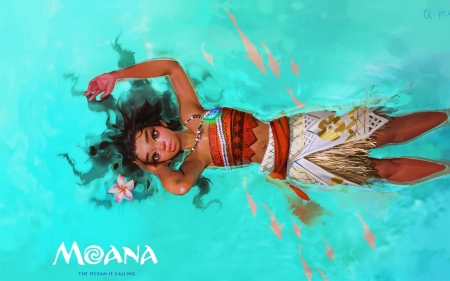 Moana - summer, water, fanart, girl, moana, q peng, blue, art, fantasy, luminos, disney