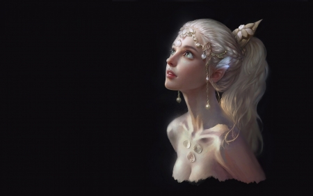 Elf girl - blonde, jewel, elf, frumusete, black, fantasy, qi wu, princess, luminos