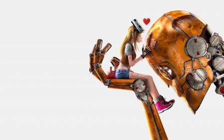 Girl and robot - michael santin, fantasy, hand, valentine, girl, cute, kiss, robot