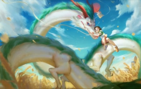 Spirited Away - spirited away, fantasy, dragon, blue, green, girl, luminos, sky