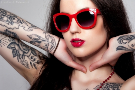 Beauty - tattoo, black, woman, red, model, girl, sunglasses