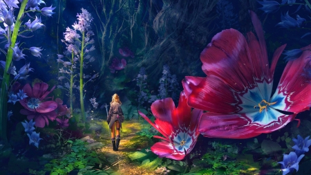 Girl and Giant Flowers - woman, girl, fantasy, nature, art, forest, pretty, beautiful, scenery, fairy, flowers, digital