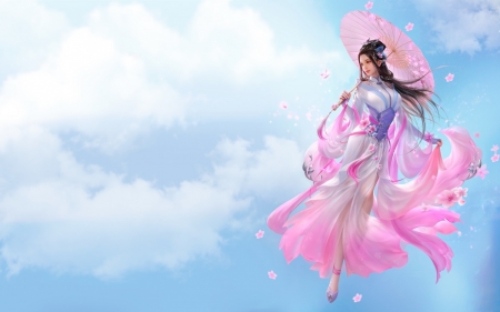 Fantasy beauty - parasol, girl, frumusete, summer, fantasy, asian, cloud, pink, blue, umbrella, luminos