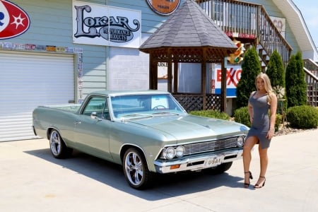 1966 Chevy El Camino 400 Small Block and Girl - girl, truck, 400, el camino, chevy, car, block, muscle, old-timer, small