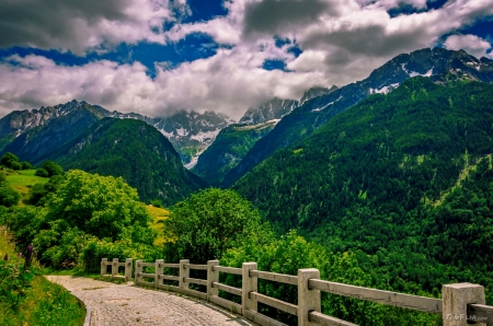 Soglio, Switzerland - clouds, hills, photo, fence, valley, walk, mountain, path, view, Switzerland, sky