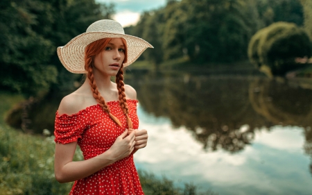 Redhead Posing by a Lake - hat, water, redhead, model, dress, pigtails