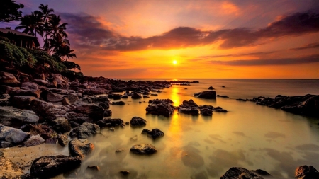 Tropical Sea Sunset - nature, oceans, sunsets, sea, rocks