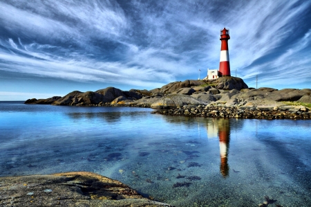 Sunny Day at Egeroy Lighthouse, Norway - clouds, coast, sea, rocks, sky