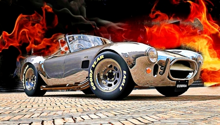 Flamin' Shelby Cobra 427 - racing, car, flames, sports, shelby, cobra, fast, silver, fly