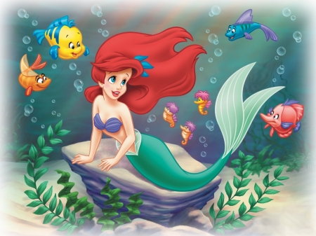 Ariel - princess, ariel, redhead, girl, summer, fantasy, luminos, mermaid, green, fish, sea