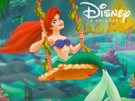 Ariel - sirena, water, summer, ariel, girl, swing, fantasy, redhead, mermaid, princess, disney, luminos